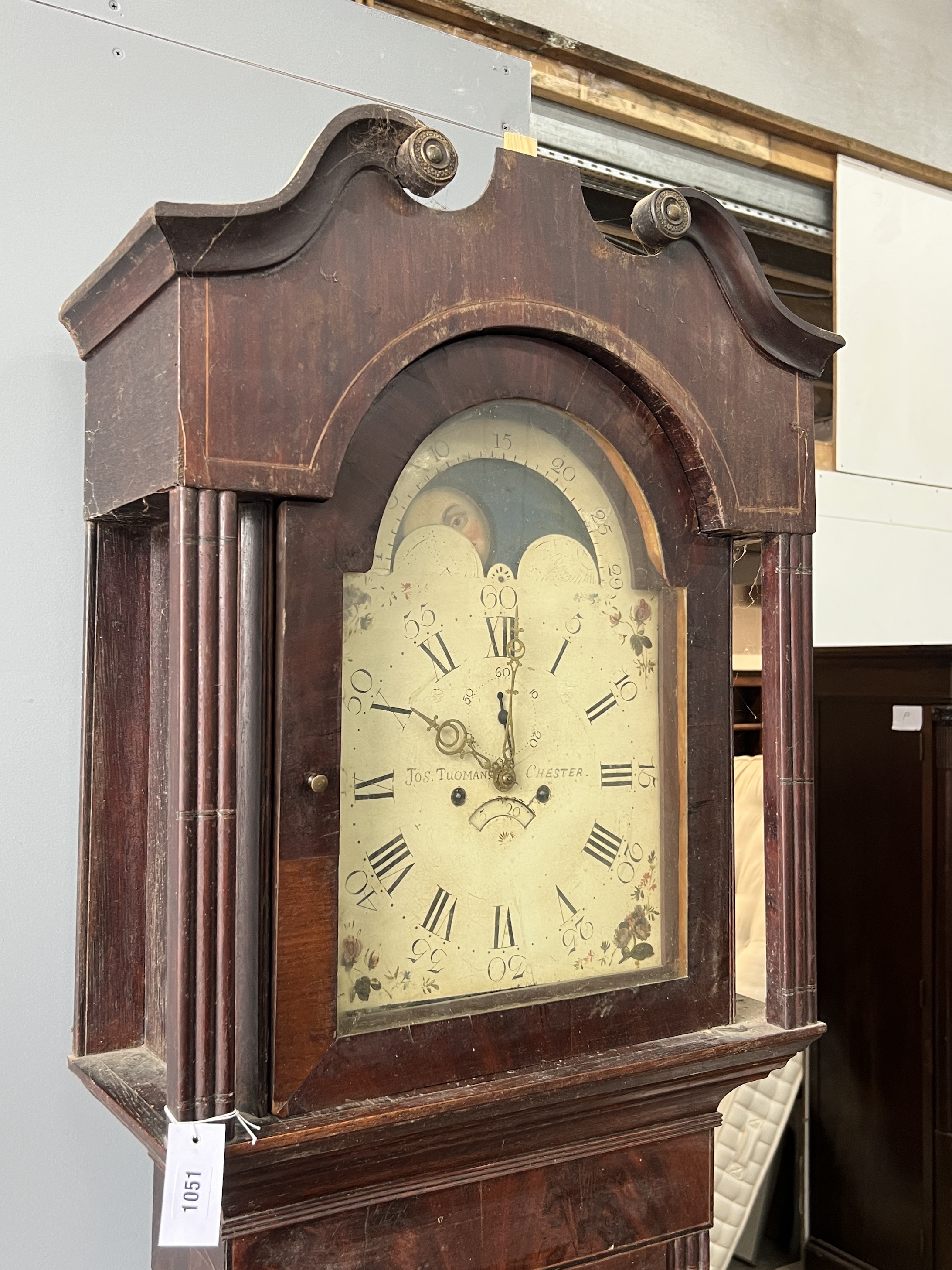 An early 19th century mahogany banded oak eight day North Country longcase clock, the moonphase dial marked Tuoman, Chester, height 225cm